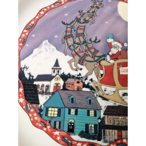 Homer Laughlin turano sleigh scene reindeer green 12-in dinner plate Xmas - Picture 2 of 6